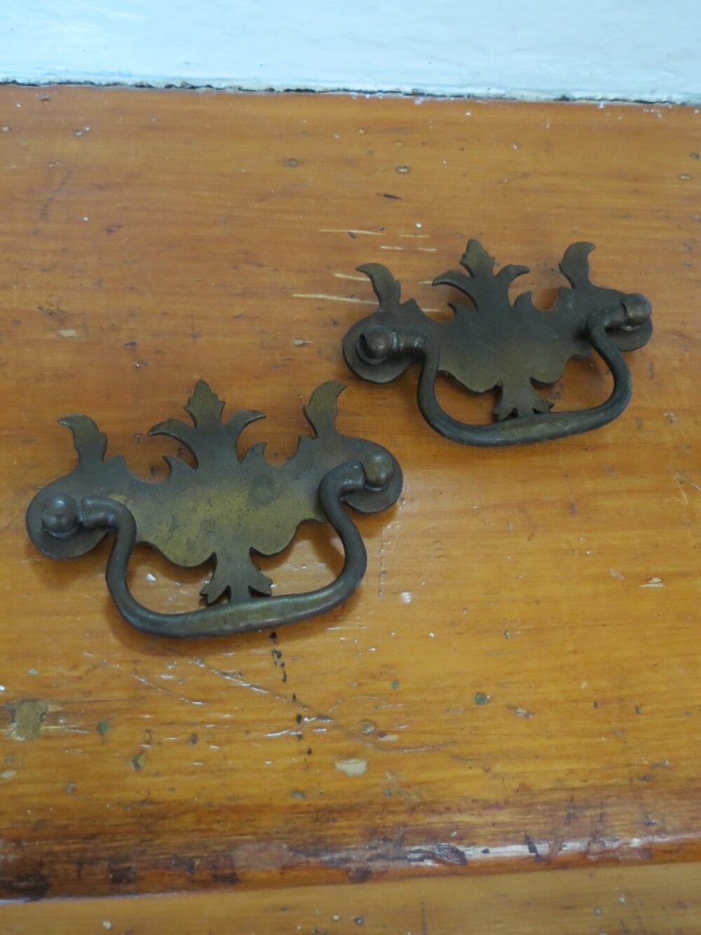 Ornate Vintage (2) Drop Pull Brass Drawer Pull Handles Salvage Hardware